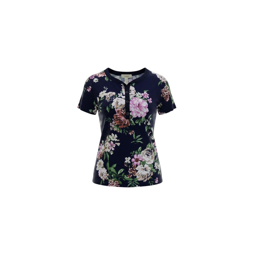 Diana Belle Henley Top Womens M Navy Floral Short Sleeve T9790A